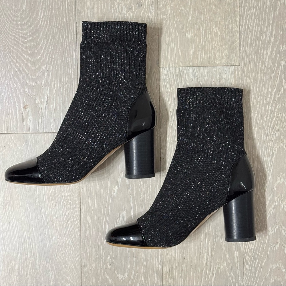 Sandro Paris Lyv Glitter Black Sock Boots with  Patent Leather Captoe - like new - Picture 3 of 6